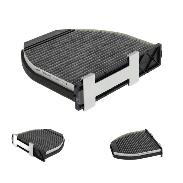 Standardized multi-angle product image set of an automotive cabin filter on white background